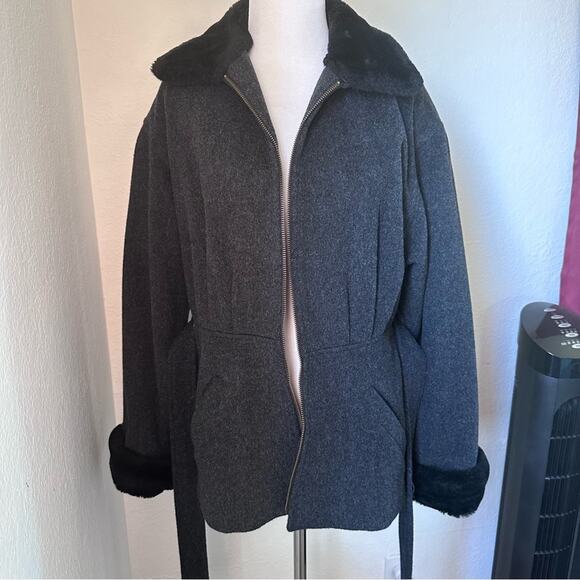 Vintage Y2K Jason Kole Wool Faux Fur Trim Belted Zip Jacket Cozy Winter Coat - Picture 16 of 16